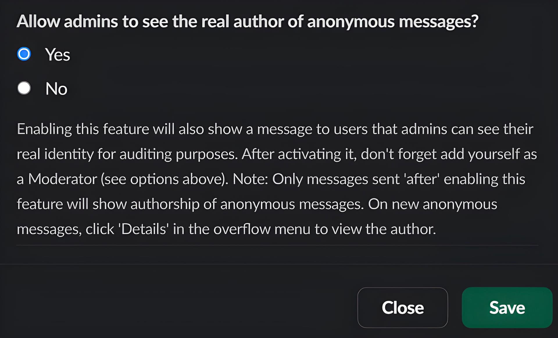 Slack Admin Controls for Anonymous Messaging