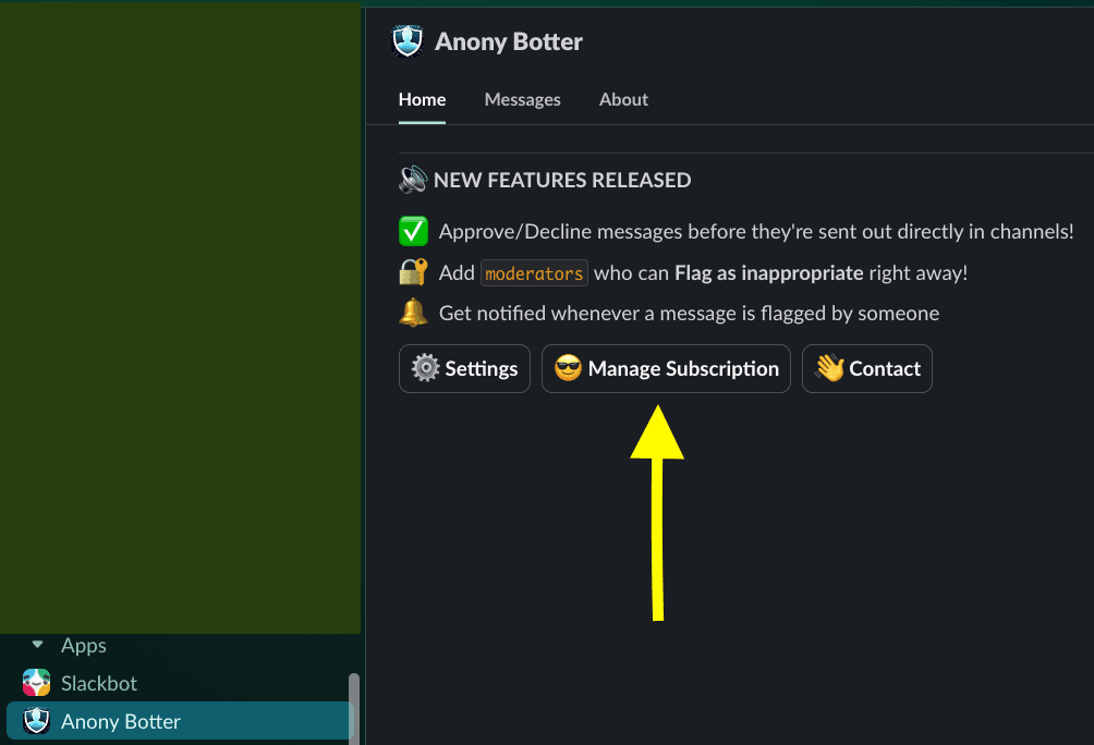 Anony Botter app home in Slack showing the Manage Subscription button
