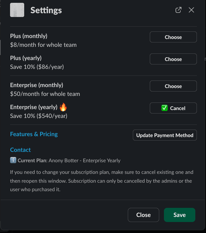Choosing a subscription plan inside the Anony Botter dashboard